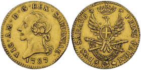 Vittorio Amedeo III 1773-1796
Mezza Doppia Nuova, Torino, 1787, AU 4.5 g.
Ref : Cud. 1094b(R), MIR 984b, Biaggi 845c, Fr. 1121 Conservation : NGC AU 5...