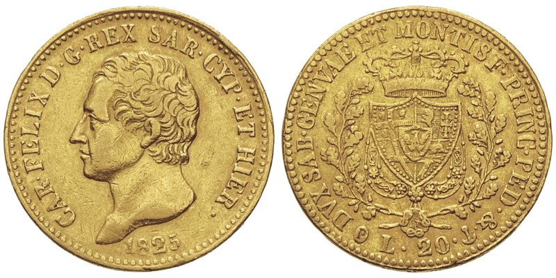Carlo Felice 1821-1831
20 Lire, Genova, 1825, AU 6.44 g. Ref : Cud. 1145f (R4) ,...