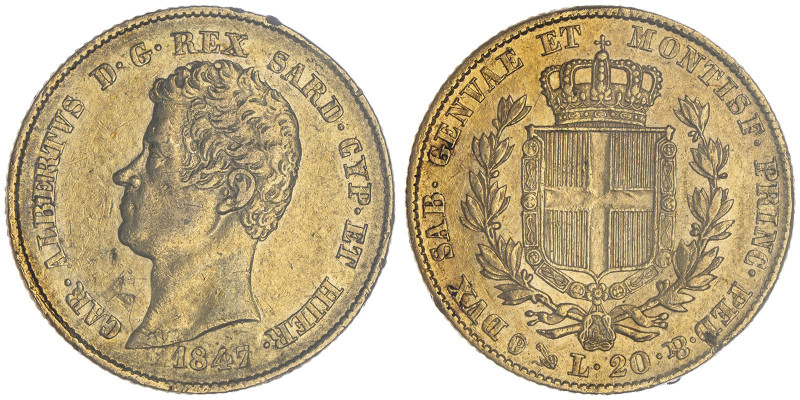 Carlo Alberto 1831-1849
20 lire, Genova, 1847 (P), AU 6.45 g. 
Ref : Cud. 1156y ...