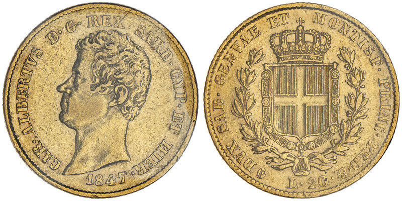 Carlo Alberto 1831-1849
20 lire, sans lettre d'atelier, 1847 (P), AU 6.45 g. 
Re...