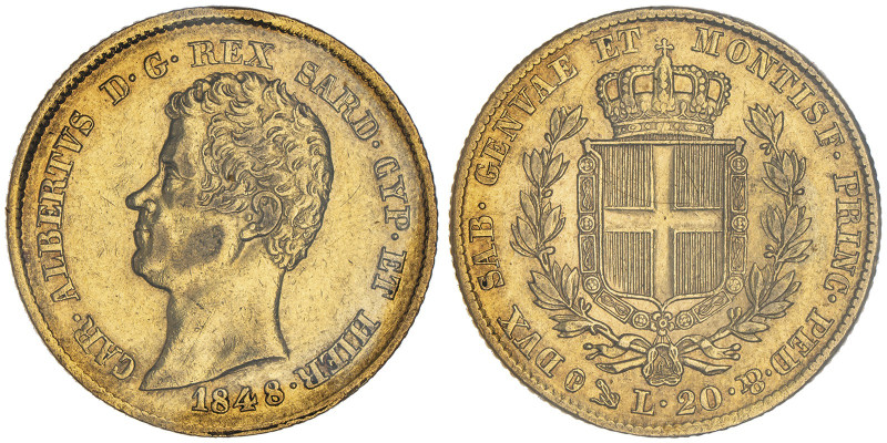 Carlo Alberto 1831-1849
20 lire, Genova, 1848 (P), AU 6.45 g. 
Ref : Cud. 1156m,...