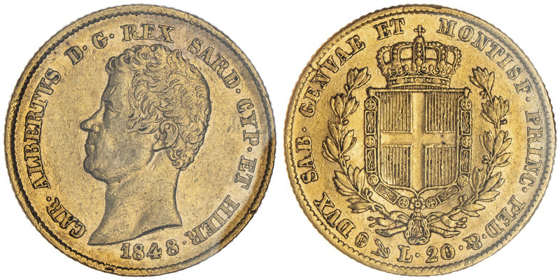 Carlo Alberto 1831-1849
20 lire, Genova, 1848 (P), AU 6.45 g. 
Ref : Cud. 1156ab...