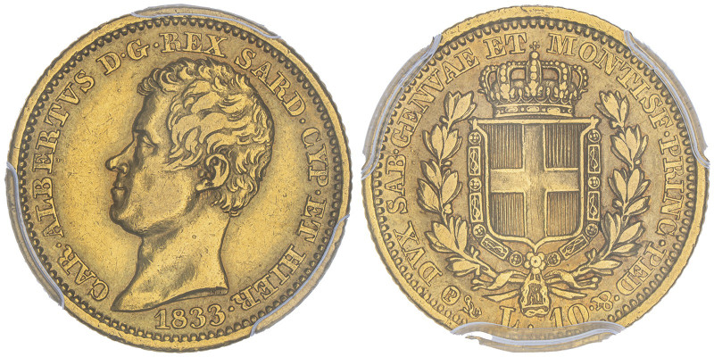 Carlo Alberto 1831-1849
10 lire, Genova, 1833 (P), AU 3.21 g. 
Ref : Cud. 1157a ...