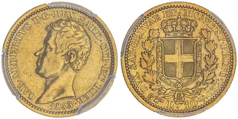Carlo Alberto 1831-1849
10 lire, Torino, 1833 (P), AU 3.10 g.
Ref : Cud. 1157b (...