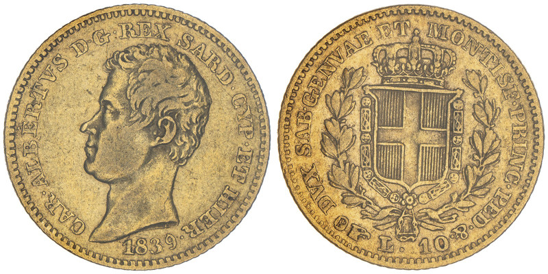 Carlo Alberto 1831-1849
10 lire, Torino, 1839 (P), AU 3.10 g.
Ref : Cud. 1157d (...