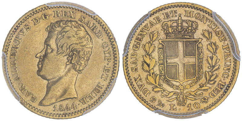 Carlo Alberto 1831-1849
10 lire, Genova, 1844(P), AU 3.22 g.
Ref : Cud. 1157e (R...
