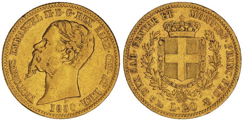 Vittorio Emanuele II, Re di Sardegna 1849-1861
20 Lire, Genova, 1850, AU 6.45 g....