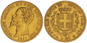 Vittorio Emanuele II, Re di Sardegna 1849-1861
20 Lire, Genova, 1850, AU 6.45 g.
Ref : Cud. 1167a, MIR 1055a, Pag. 337, Fr. 1147
Conservation : TTB