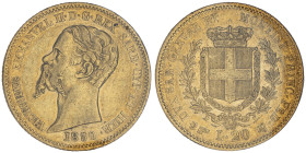 Vittorio Emanuele II, Re di Sardegna 1849-1861
20 Lire, Torino, 1850, AU 6.45 g.
Ref : Cud. 1167b, MIR 1055b, Pag. 338, Fr. 1146
Conservation : TTB/SU...