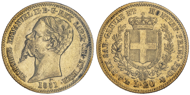 Vittorio Emanuele II, Re di Sardegna 1849-1861
20 Lire, Genova, 1851, AU 6.45 g....