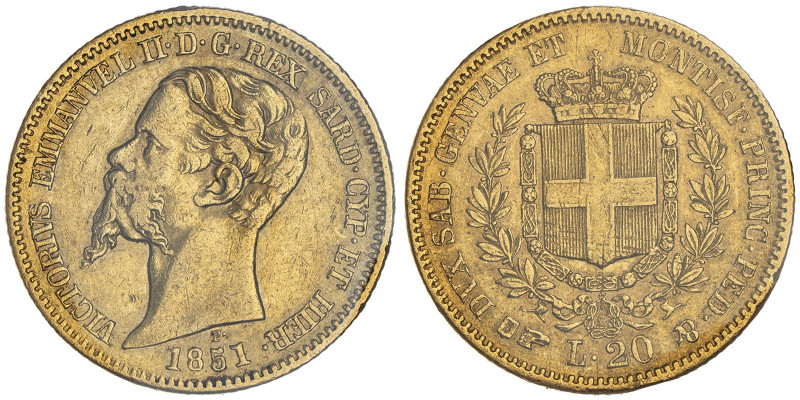 Vittorio Emanuele II, Re di Sardegna 1849-1861
20 Lire, Torino, 1851, AU 6.45 g....