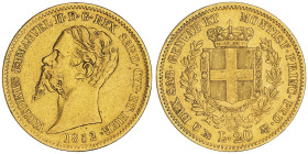 Vittorio Emanuele II, Re di Sardegna 1849-1861
20 Lire, Genova, 1852, F sous le cou faible, AU 6.45 g.
Ref : Cud. 1167e var., MIR 1055g (R3), Pag.341
...