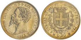 Vittorio Emanuele II, Re di Sardegna 1849-1861
20 Lire, Genova, 1852, sans F sous le cou, AU 6.45 g.
Ref : Cud. 1167e var., MIR 1055g (R3), Pag.341
Co...