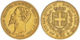 Vittorio Emanuele II, Re di Sardegna 1849-1861
20 Lire, Torino, 1852, AU 6.45 g.
Ref : Cud. 1167f , MIR 1055, Pag.342
Conservation : Superbe.