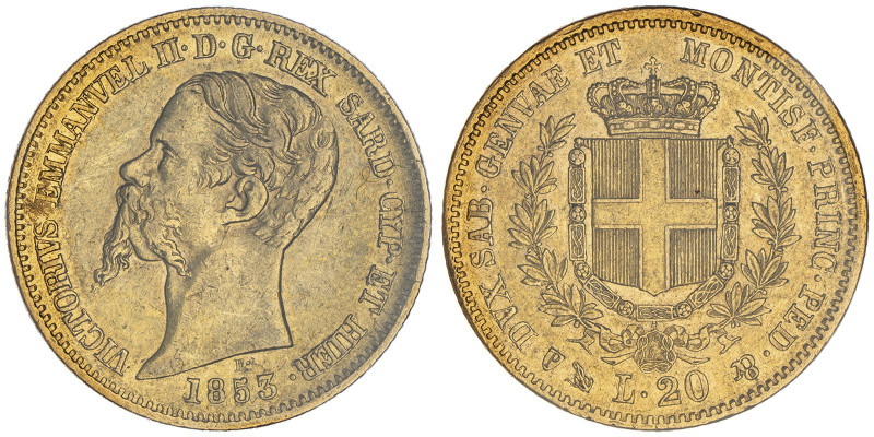 Vittorio Emanuele II, Re di Sardegna 1849-1861
20 Lire, Genova, 1853, AU 6.45 g....