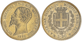 Vittorio Emanuele II, Re di Sardegna 1849-1861
20 Lire, Genova, 1855, AU 6.45 g.
Ref : Cud. 1167i, MIR 1055, Pag.346
Conservation : TTB/SUP. Sigillata...