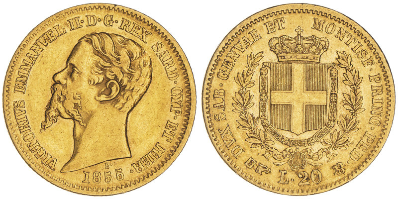 Vittorio Emanuele II, Re di Sardegna 1849-1861
20 Lire, Torino, 1855, AU 6.45 g....