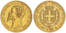 Vittorio Emanuele II, Re di Sardegna 1849-1861
20 Lire, Torino, 1855, AU 6.45 g.
Ref : Cud. 1167j, MIR 1055, Pag.347
Conservation : traces de nettoyag...