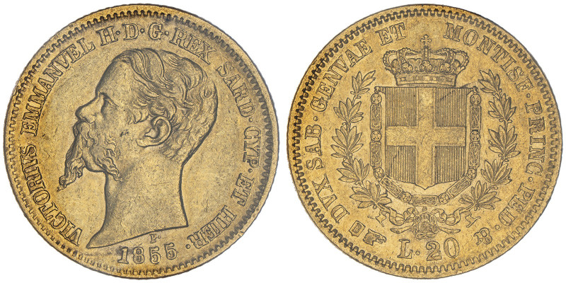 Vittorio Emanuele II, Re di Sardegna 1849-1861
20 Lire, Torino, 1855, AU 6.45 g....