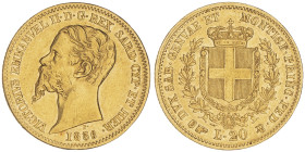 Vittorio Emanuele II, Re di Sardegna 1849-1861 20 Lire, Torino, 1856, AU 6.40 g.
Ref : Cud. 1167m (R3), MIR 1055, Pag.349 Conservation : TTB. Très Rar...