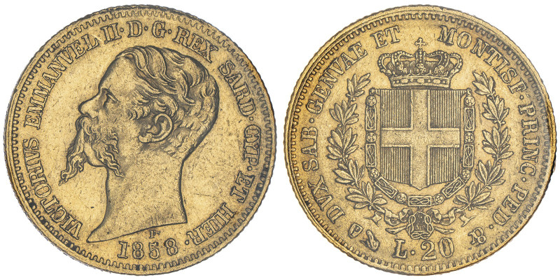 Vittorio Emanuele II, Re di Sardegna 1849-1861
20 Lire, Genova, 1858, AU 6.45 g....
