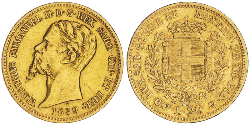 Vittorio Emanuele II, Re di Sardegna 1849-1861
20 Lire, Torino, 1858, AU 6.39 g....