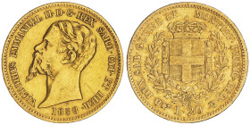 Vittorio Emanuele II, Re di Sardegna 1849-1861
20 Lire, Torino, 1858, AU 6.39 g.
Ref : Cud. 1167q (R2) , MIR 1055, Pag.353 Conservation : traces de ne...