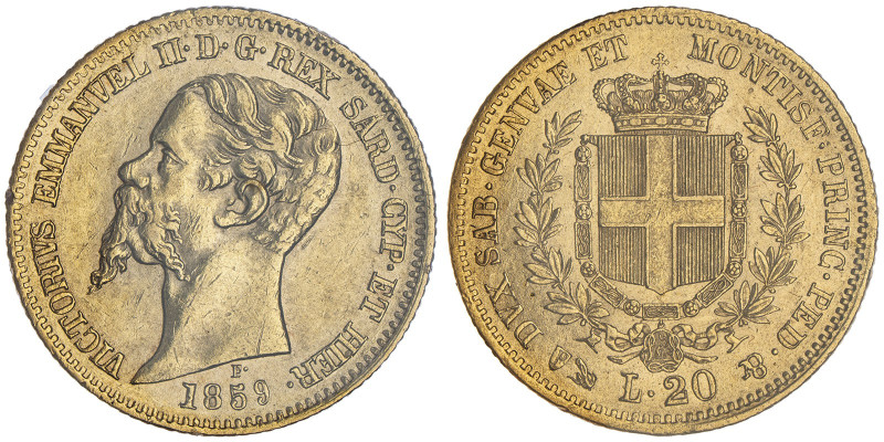 Vittorio Emanuele II, Re di Sardegna 1849-1861
20 Lire, Genova, 1859, AU 6.45 g....