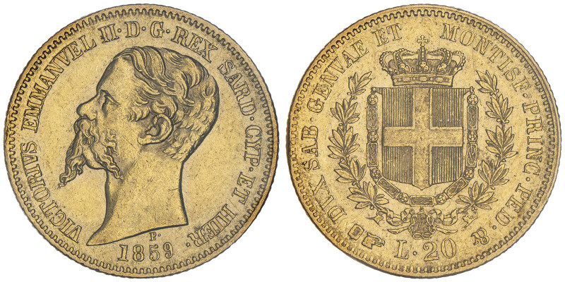 Vittorio Emanuele II, Re di Sardegna 1849-1861
20 Lire, Torino, 1859, AU 6.45 g....