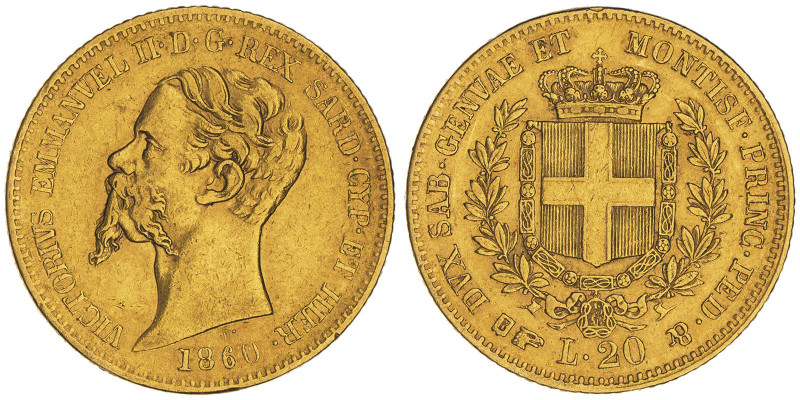 Vittorio Emanuele II, Re di Sardegna 1849-1861
20 Lire, Torino, 1860, AU 6.41 g....