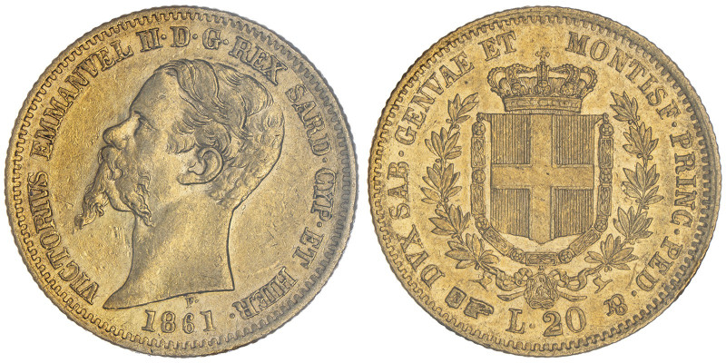 Vittorio Emanuele II, Re di Sardegna 1849-1861
20 Lire, Torino, 1861, AU 6.45 g....
