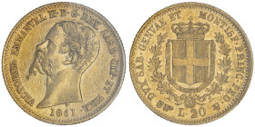 Vittorio Emanuele II, Re di Sardegna 1849-1861
20 Lire, Torino, 1861, AU 6.45 g. Ref : Cud. 1167w, MIR 1055, Pag.359 Conservation : TTB/SUP. Sigillata...