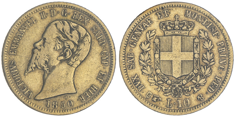 Vittorio Emanuele II, Re di Sardegna 1849-1861
10 Lire, Torino, 1850, AU 3.22 g....