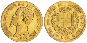 Vittorio Emanuele II, Re di Sardegna 1849-1861
10 Lire, Torino, 1853, AU 3.13 g.
Ref : Cud. 1168c (R4), MIR 1056, Pag. 363 Conservation : traces de mo...