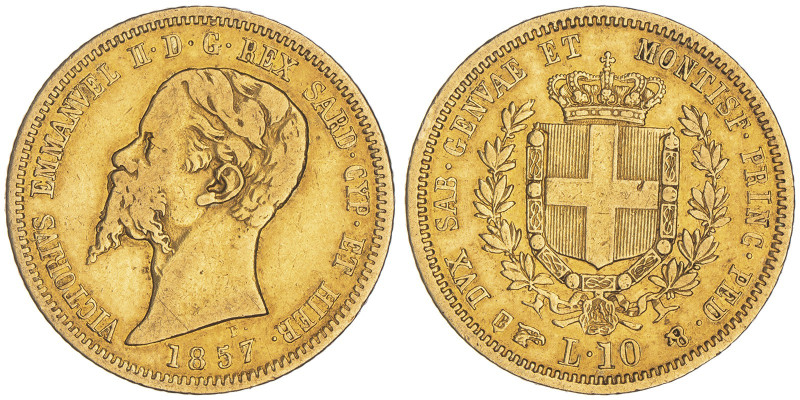 Vittorio Emanuele II, Re di Sardegna 1849-1861
10 Lire, Torino, 1857, AU 3.15 g....