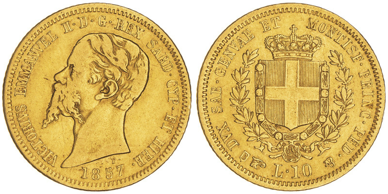 Vittorio Emanuele II, Re di Sardegna 1849-1861
10 Lire, Torino, 1857, AU 3.18 g....