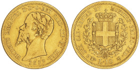 Vittorio Emanuele II, Re di Sardegna 1849-1861
10 Lire, Torino, 1857, AU 3.18 g.
Ref : Cud. 1168d (R2), MIR 1056, Pag. 365 Conservation : TTB+
Quantit...