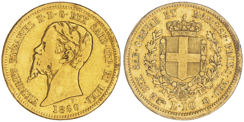 Vittorio Emanuele II, Re di Sardegna 1849-1861
10 Lire, Torino, 1860, AU 3.17 g....