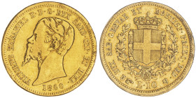 Vittorio Emanuele II, Re di Sardegna 1849-1861
10 Lire, Torino, 1860, AU 3.17 g.
Ref : Cud. 1168g (R2), MIR 1056, Pag. 369 Conservation : traces de mo...