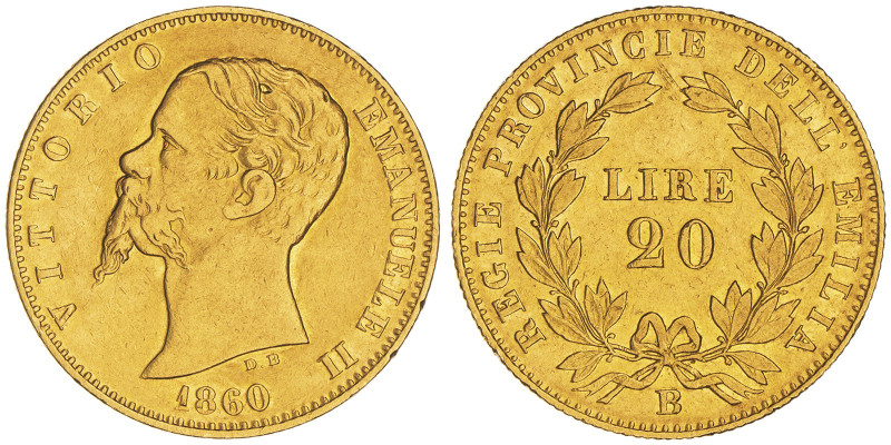 Vittorio Emanuele II - Re Eletto 1859-1861
20 Lire, Bologna, 1860 B, AU 6.41 g.
...