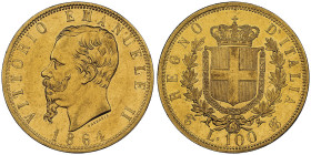 Vittorio Emanuele II 1861-1878 - Re d'Italia
100 Lire, Torino, 1864, AU 32.25 g.
Ref : Cud. 1188a (R3), MIR 1076a, Pag. 451, Fr. 8
Conservation : NGC ...