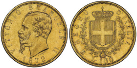 Vittorio Emanuele II 1861-1878 - Re d'Italia
100 Lire, Roma, 1872 R, AU 32.25 g.
Ref : Cud. 1188b, MIR.1076b (R2), Pag.452, Fr.9
Conservation : NGC MS...