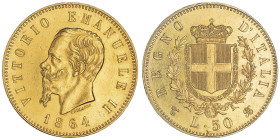Vittorio Emanuele II 1861-1878 - Re d'Italia
|50 Lire, Torino, 1864, AU 16.12 g. Ref : Cud. 1189a (R4), MIR 1077, Pag. 454 Conservation : quelques tra...