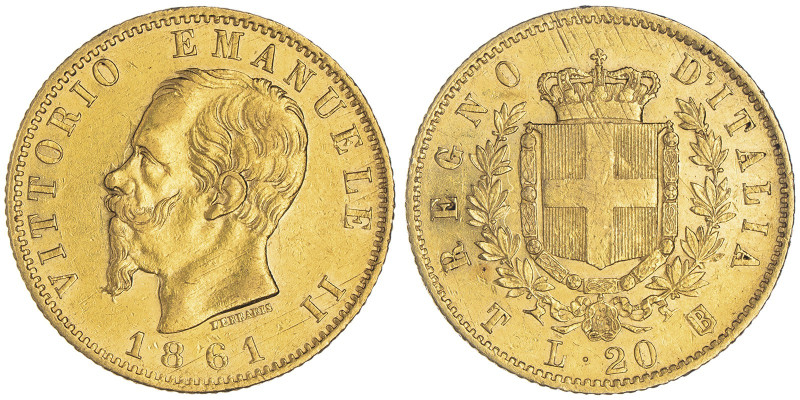 Vittorio Emanuele II 1861-1878 - Re d'Italia
20 Lire, Torino, 1861 T, B in scude...