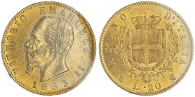 Vittorio Emanuele II 1861-1878 - Re d'Italia
20 Lire, Torino, 1863 T , AU 6.45 g.
Ref : Cud. 1190b , MIR 1078, Pag. 456, Fr. 11 
Conservation : Superb...