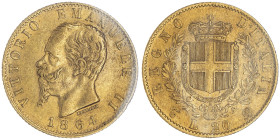 Vittorio Emanuele II 1861-1878 - Re d'Italia
20 Lire, Torino, 1864 T , AU 6.45 g.
Ref : Cud. 1190d , MIR 1078, Pag. 458, Fr. 11 
Conservation : TTB. S...