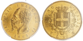 Vittorio Emanuele II 1861-1878 - Re d'Italia
20 Lire, Torino, 1865 T BN, AU 6.45 g.
Ref : Cud. 1190e, MIR 1078f, Pag. 459, Fr. 11 
Conservation : PCGS...