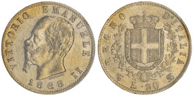 Vittorio Emanuele II 1861-1878 - Re d'Italia
20 Lire, Torino, 1868 T BN, AU 6.45 g.
Ref : Cud. 1190h, MIR 1078, Pag. 462, Fr. 11
Conservation : TTB/SU...