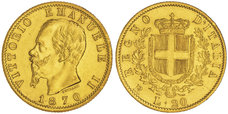 Vittorio Emanuele II 1861-1878 - Re d'Italia
20 Lire, Roma, 1870 R, AU 6.45 g.
R...