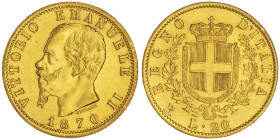 Vittorio Emanuele II 1861-1878 - Re d'Italia
20 Lire, Roma, 1870 R, AU 6.45 g.
Ref : Cud. 1190j (R3), MIR 1078k, Pag. 464, Fr.12
Conservation : Superb...